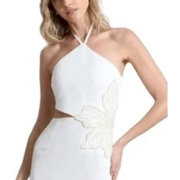 Avec Les Filles White Halter-Neck Floral Appliqué Midi Dress Size 12 NWT - Picture 5 of 9